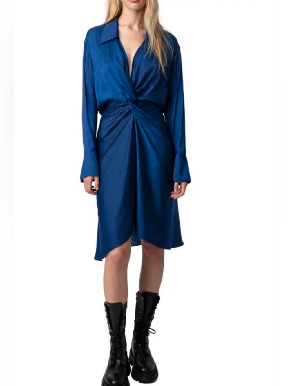 Zadig&Voltaire Rozo Gathered Long Sleeve Satin Dress in Blue